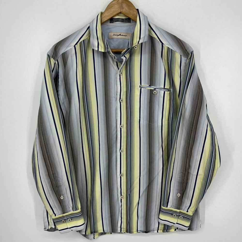Tommy Bahama Mens Large Striped Button Down Shirt Cotton Silk Blend Grey Yellow